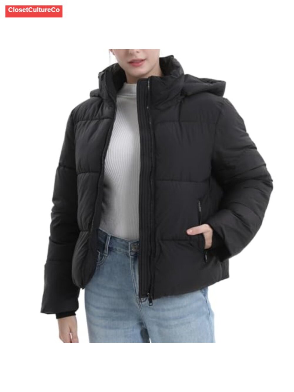 PUFFIT Women's Cropped Puffer Jacket with Removable Hood, Zipped Pockets